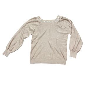 Luna Tan Eyelet Sweater Pearl Bead Flower Neckline Long Sleeve Women’s L